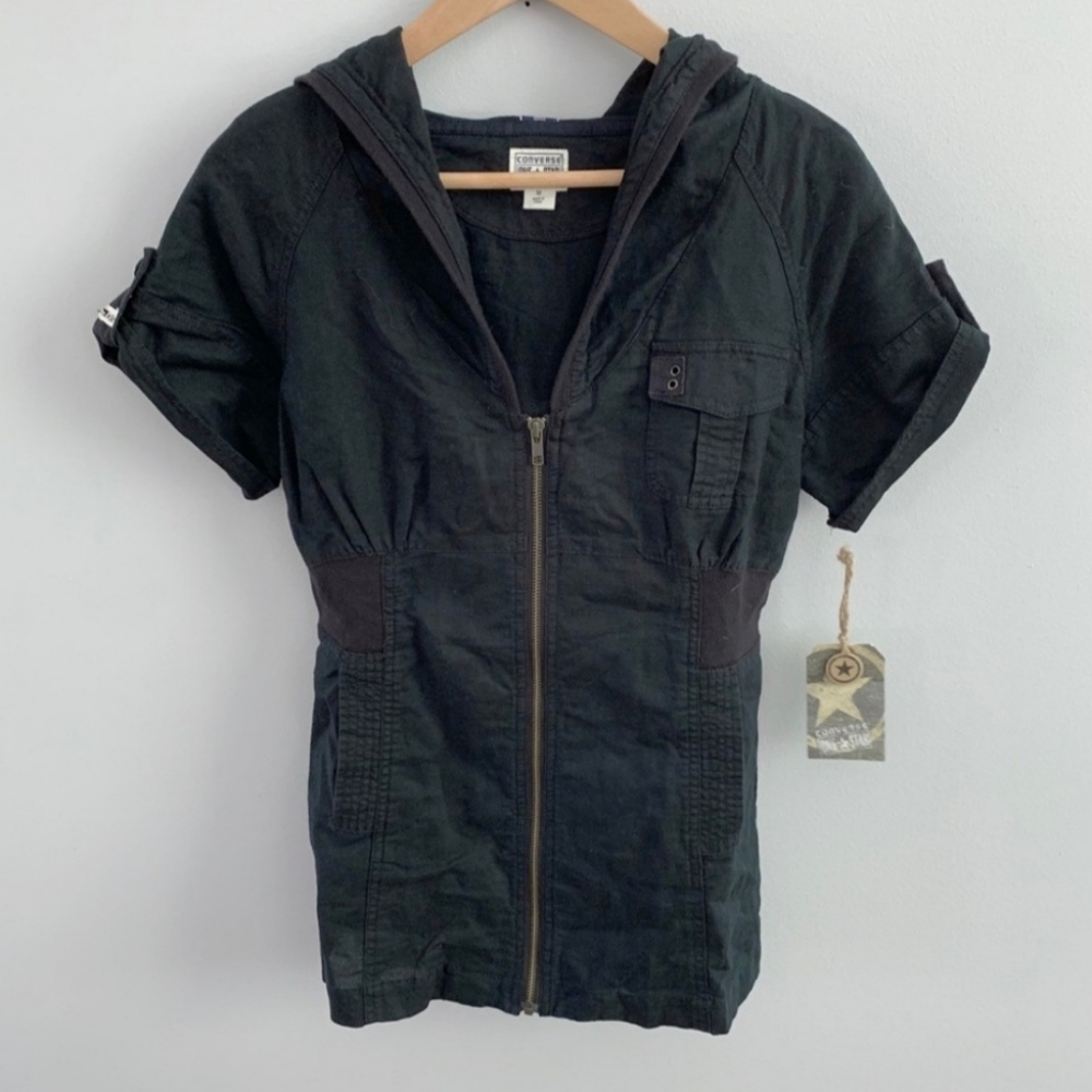 Converse | Black Linen Hoodie Short Sleeve Top NWT